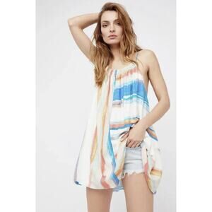 FREE PEOPLE Dress Womens XS Painted Stripe Colorblock Lined Trapeze White‎ Blue